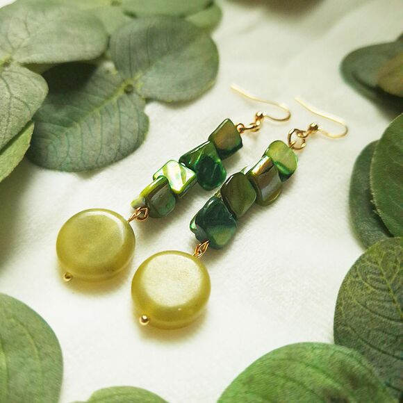 Coastal Green Mother of Pearl & Serpentine Stone Earrings: 24k Gold Plated Hooks - Picture 7 of 10